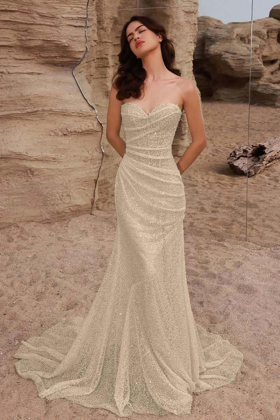 Strapless Sleeveless Long Mermaid Evening Formal Dress With Pleated Sequined