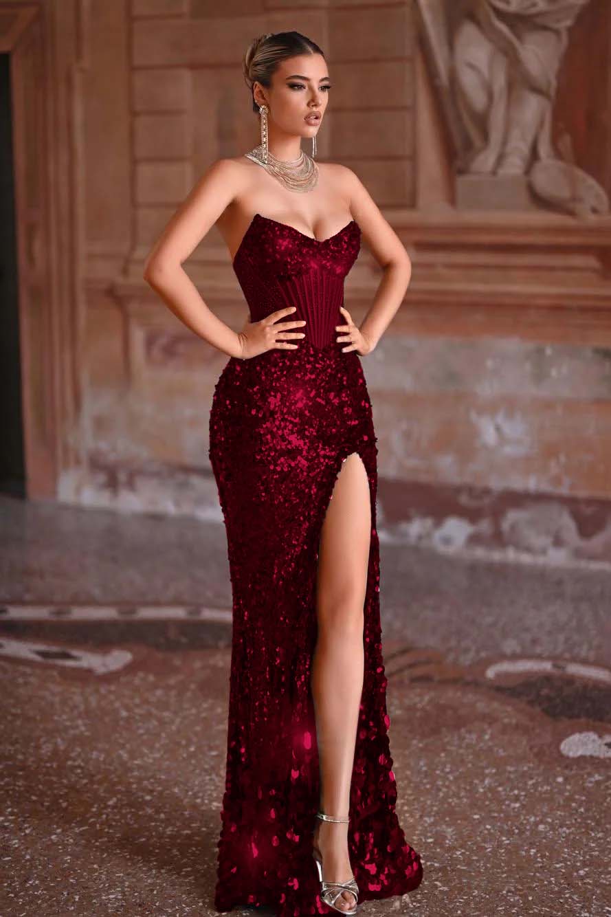 Strapless Sleeveless Long Mermaid Evening Formal Dress With Split Sequined