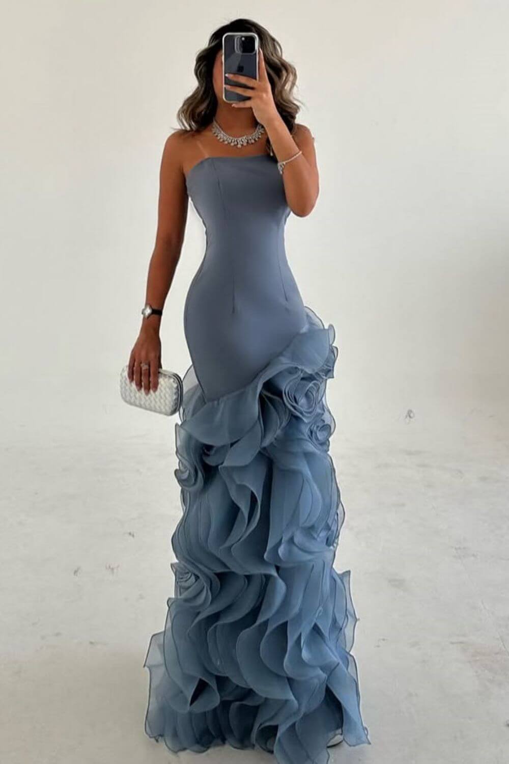 Strapless Sleeveless Long Mermaid Evening Formal Dress With Tulle Ruffled