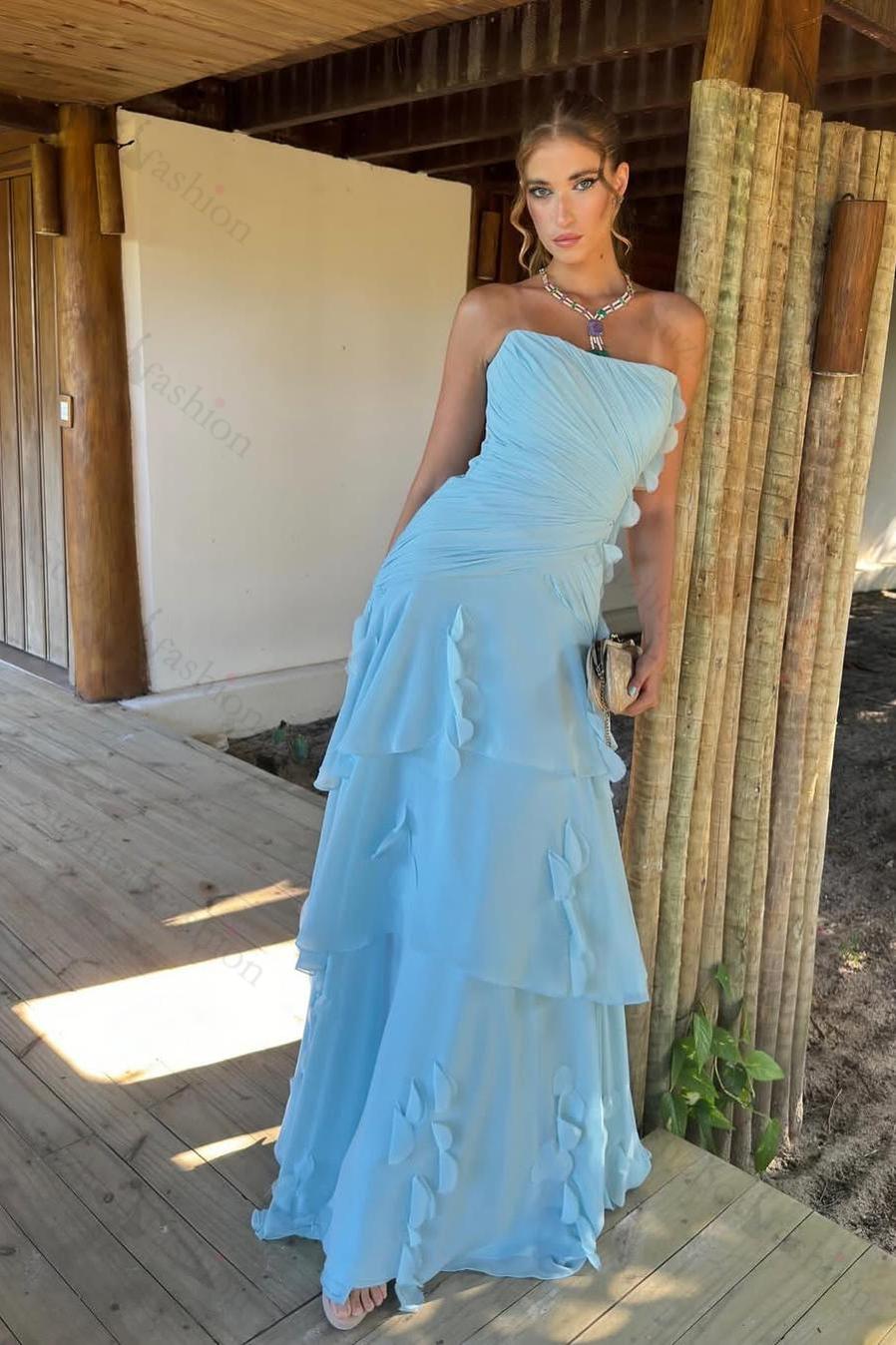 Strapless Sleeveless Long Pleated Evening Formal Dress With Ruffled HF0004
