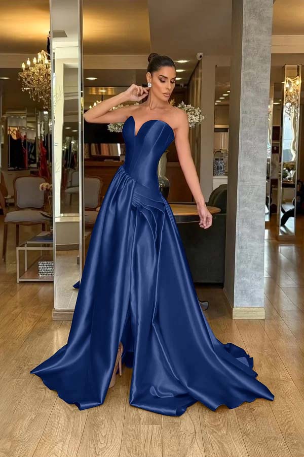 Strapless Sleeveless Long Split Evening Formal Dress With Pleated