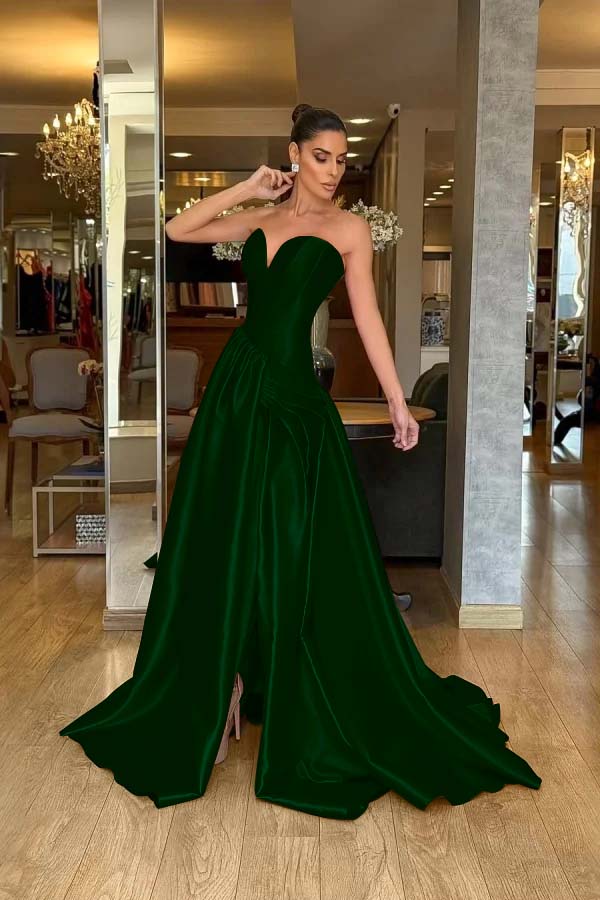 Strapless Sleeveless Long Split Evening Formal Dress With Pleated