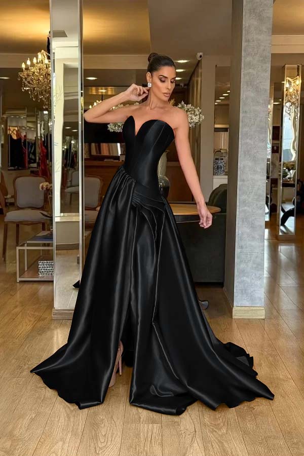 Strapless Sleeveless Long Split Evening Formal Dress With Pleated