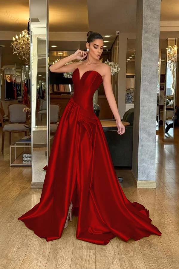 Strapless Sleeveless Long Split Evening Formal Dress With Pleated