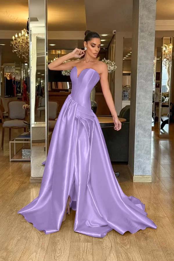 Strapless Sleeveless Long Split Evening Formal Dress With Pleated
