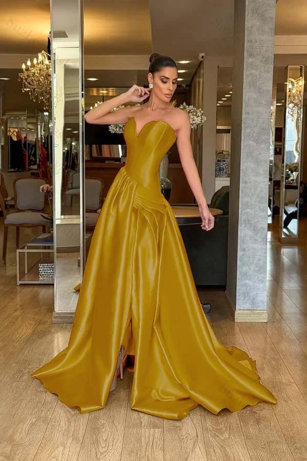Strapless Sleeveless Long Split Evening Formal Dress With Pleated