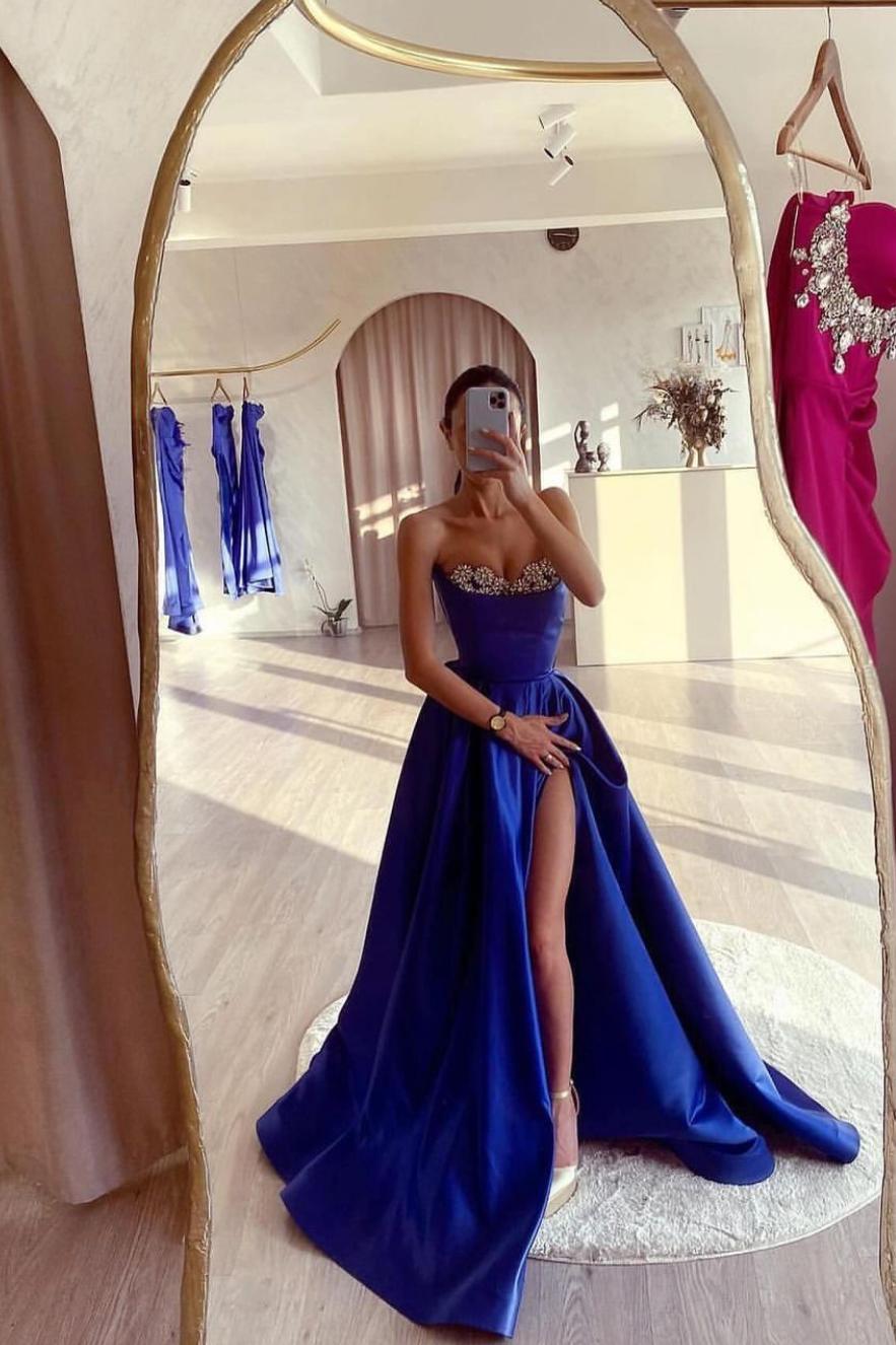 Strapless Sleeveless Long Split Evening Formal Dress With Pleated Beading