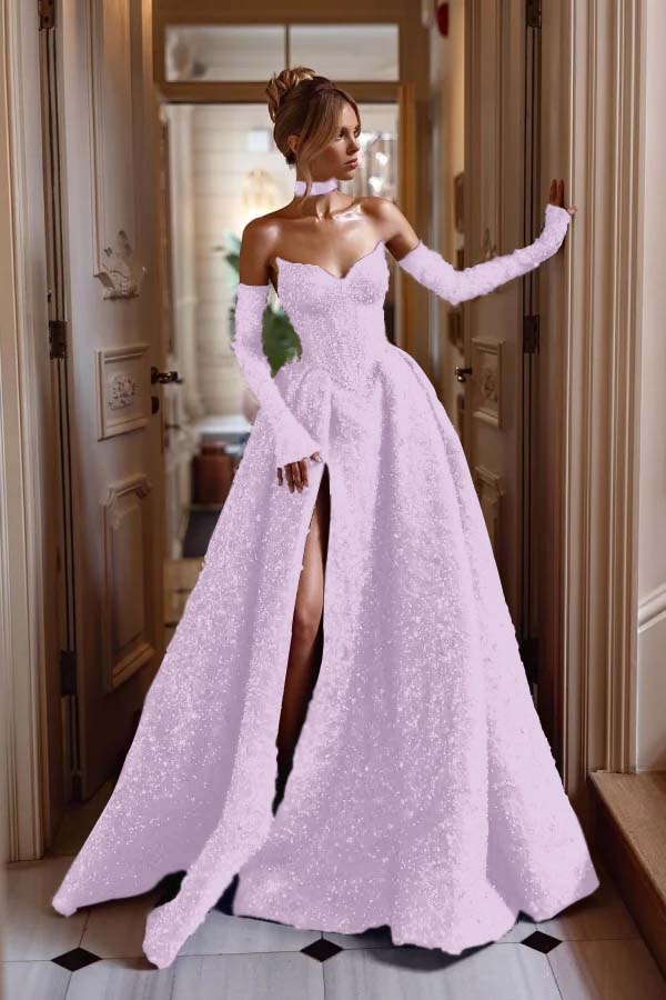 Strapless Sleeveless Long Split Evening Formal Dress With Sequined Detachable sleeves