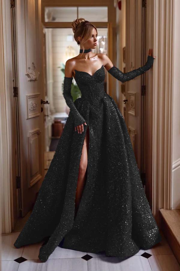 Strapless Sleeveless Long Split Evening Formal Dress With Sequined Detachable sleeves
