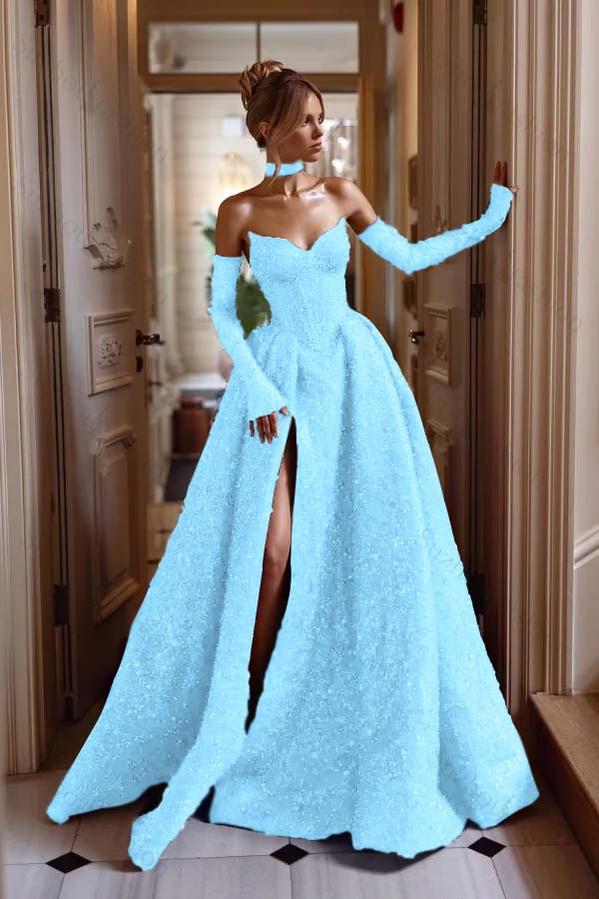 Strapless Sleeveless Long Split Evening Formal Dress With Sequined Detachable sleeves
