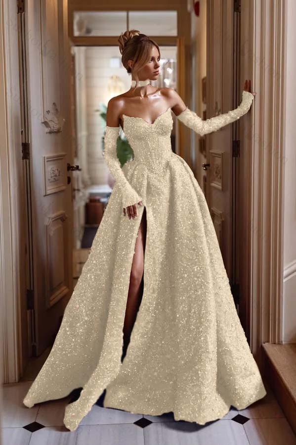 Strapless Sleeveless Long Split Evening Formal Dress With Sequined Detachable sleeves