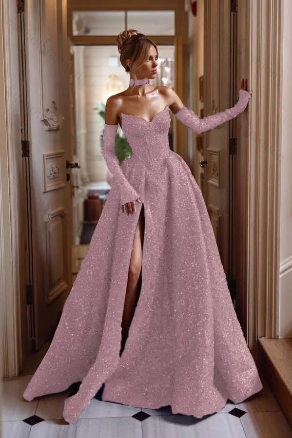 Strapless Sleeveless Long Split Evening Formal Dress With Sequined Detachable sleeves