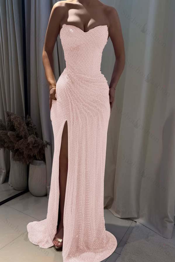 Strapless Sleeveless Mermaid Long Evening Formal Dress With Split Pleated