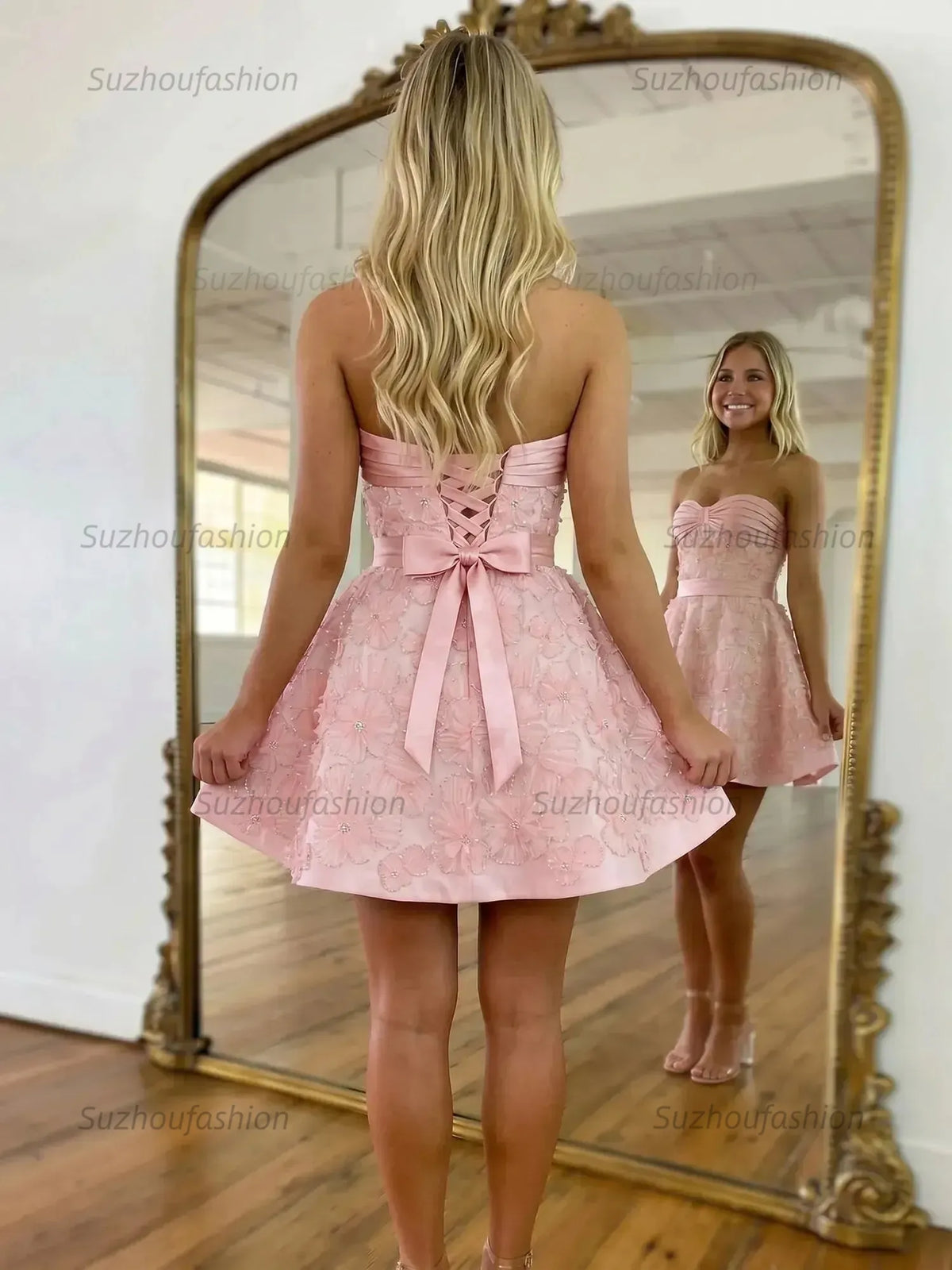 Suzhoufashion Strapless Sweetheart 3D Floral Mini Dress with Lace-Up Back Homecoming Dresses