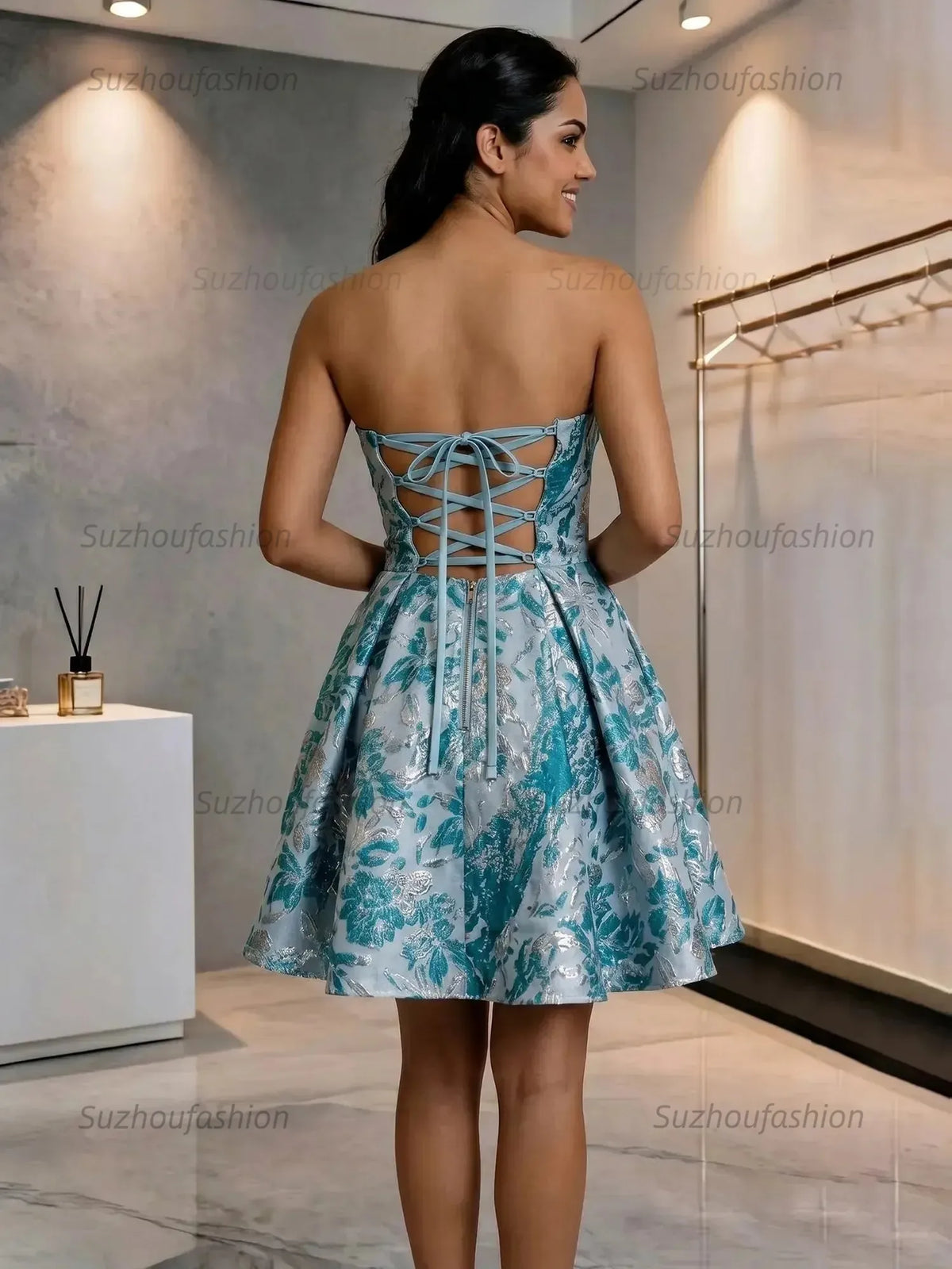 Suzhoufashion Strapless Sweetheart Floral Brocade Mini Dress with Pockets Homecoming Dresses