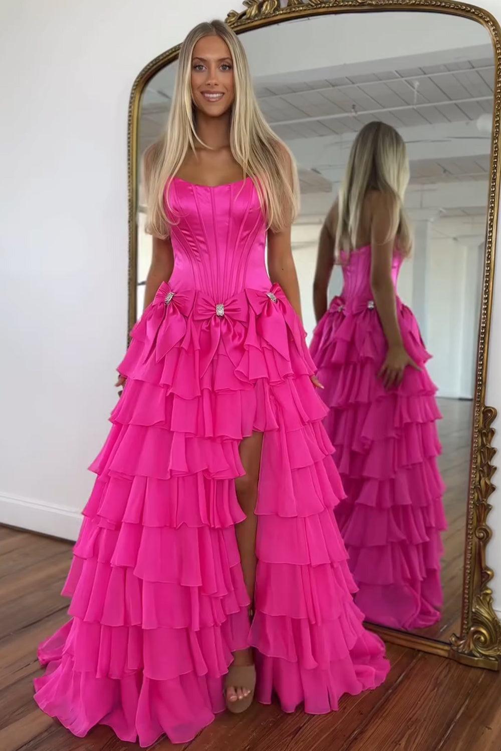 Suzhoufashion Strapless Tiered Princess A-Line Prom Dress With Slit And Bow Formal Evening Gown