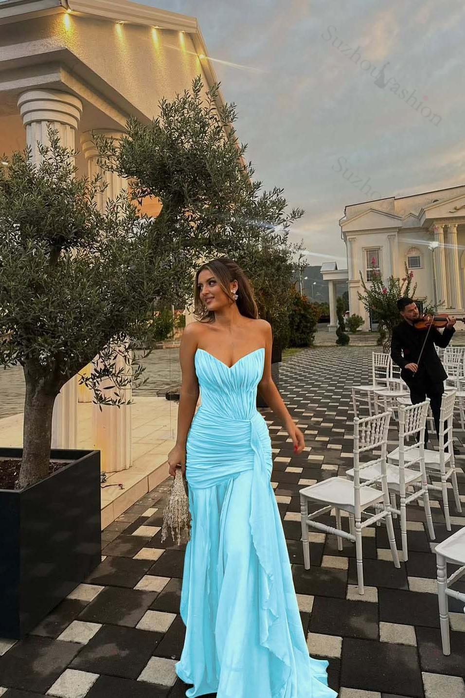 Strapless V Neck Sleeveless Long Evening Formal Dress With Pleated Ruffle