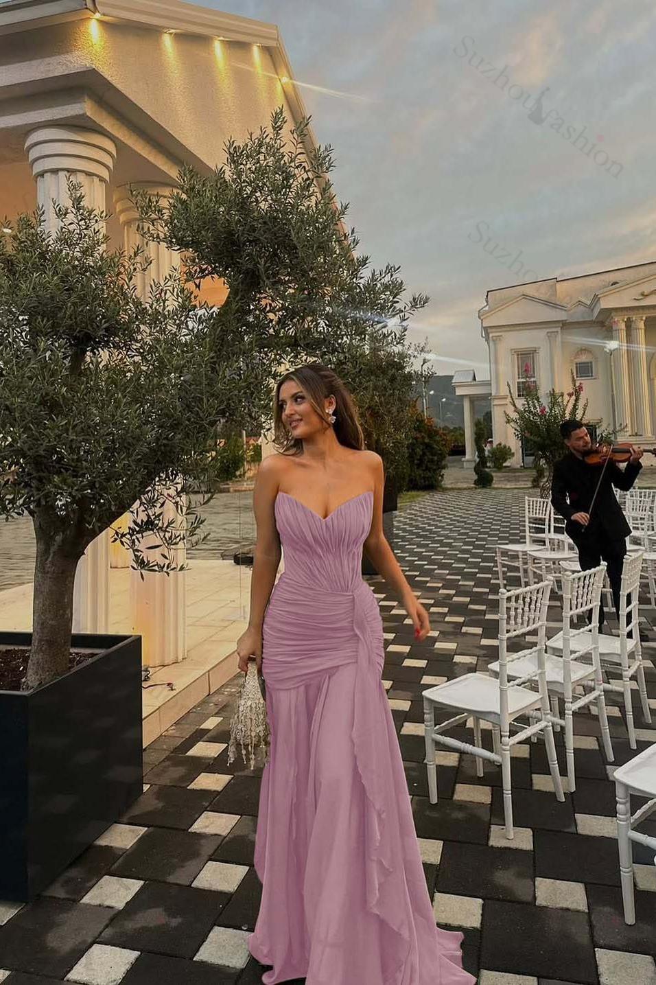 Strapless V Neck Sleeveless Long Evening Formal Dress With Pleated Ruffle