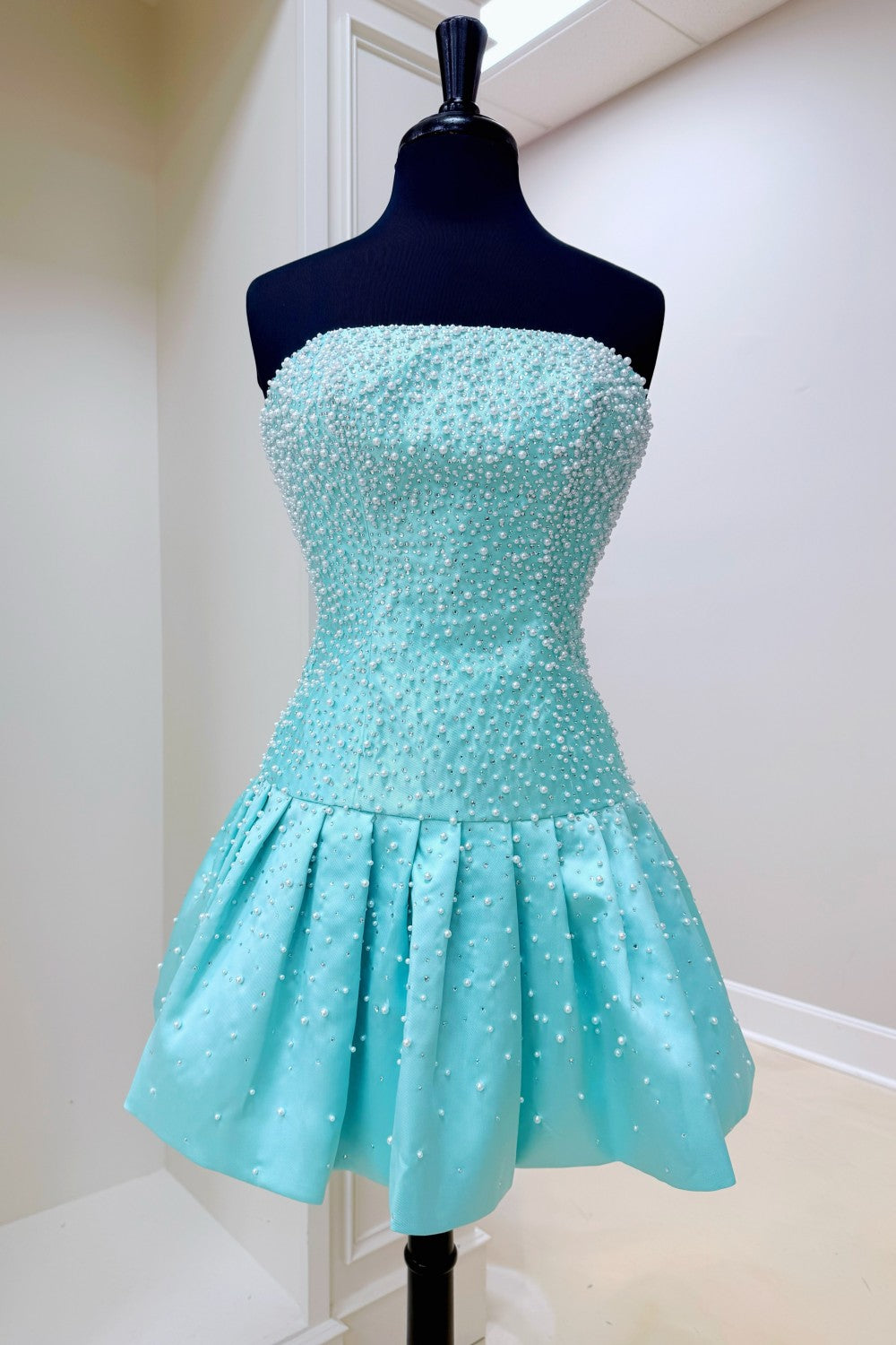 Strapless Aqua Blue Pearl Homecoming Dress with Beaded Bodice and Bubble Skirt