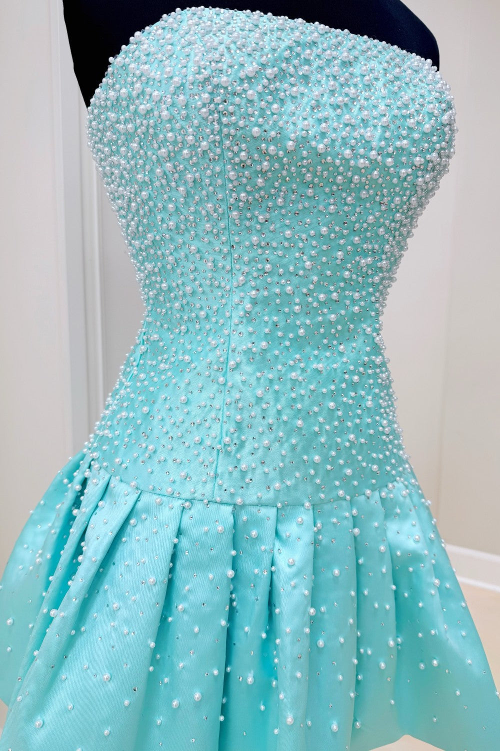 Strapless Aqua Blue Pearl Homecoming Dress with Beaded Bodice and Bubble Skirt
