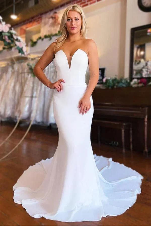 Strapless Chapel Train Mermaid Long Satin Wedding Dresses (ZD16200) - VelvetHem