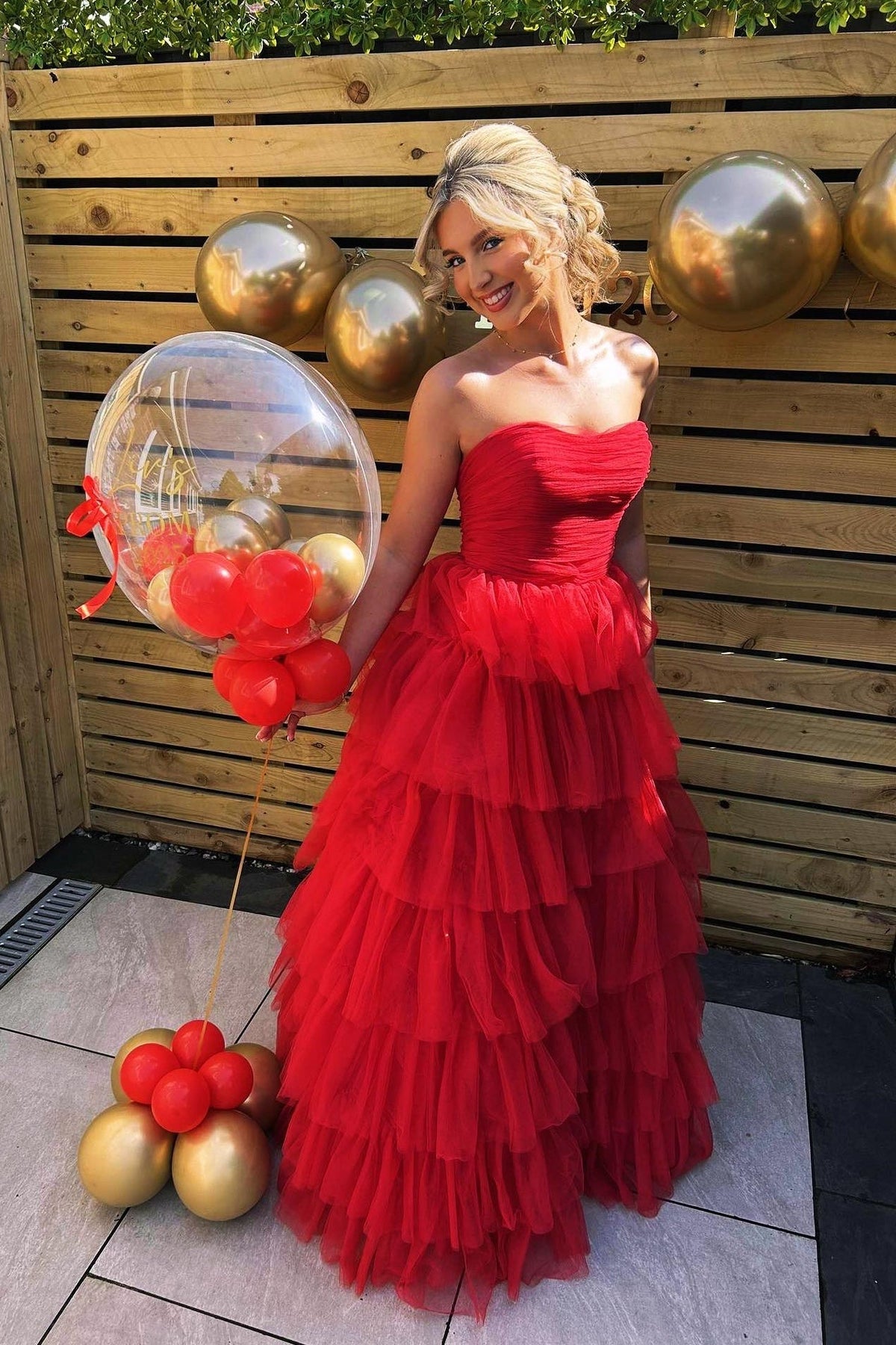Strapless Red Ruffle Tiered Tulle Long Dress