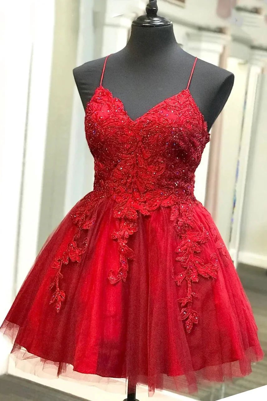 Lace Appliqued Red Short Homecoming Dress SYH22 by vivymakudress