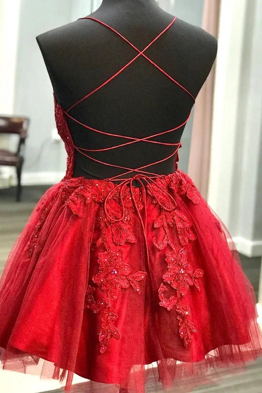 Lace Appliqued Red Short Homecoming Dress (ZD11634)