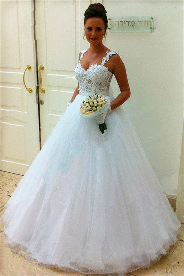 Straps Lace Top Puffy Tulle Wedding Dress  Ball Gown Sleeveless Bridal Gowns