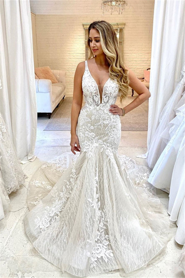 Straps Mermiad Lace Wedding Dresses  | Sexy V-neck Sleeveless Bridal Gowns