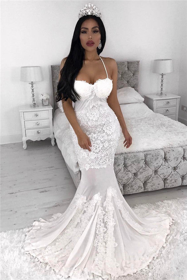 Straps Sexy Mermaid Beach Wedding Dresses | Lace Appliques Beach Wedding Dress