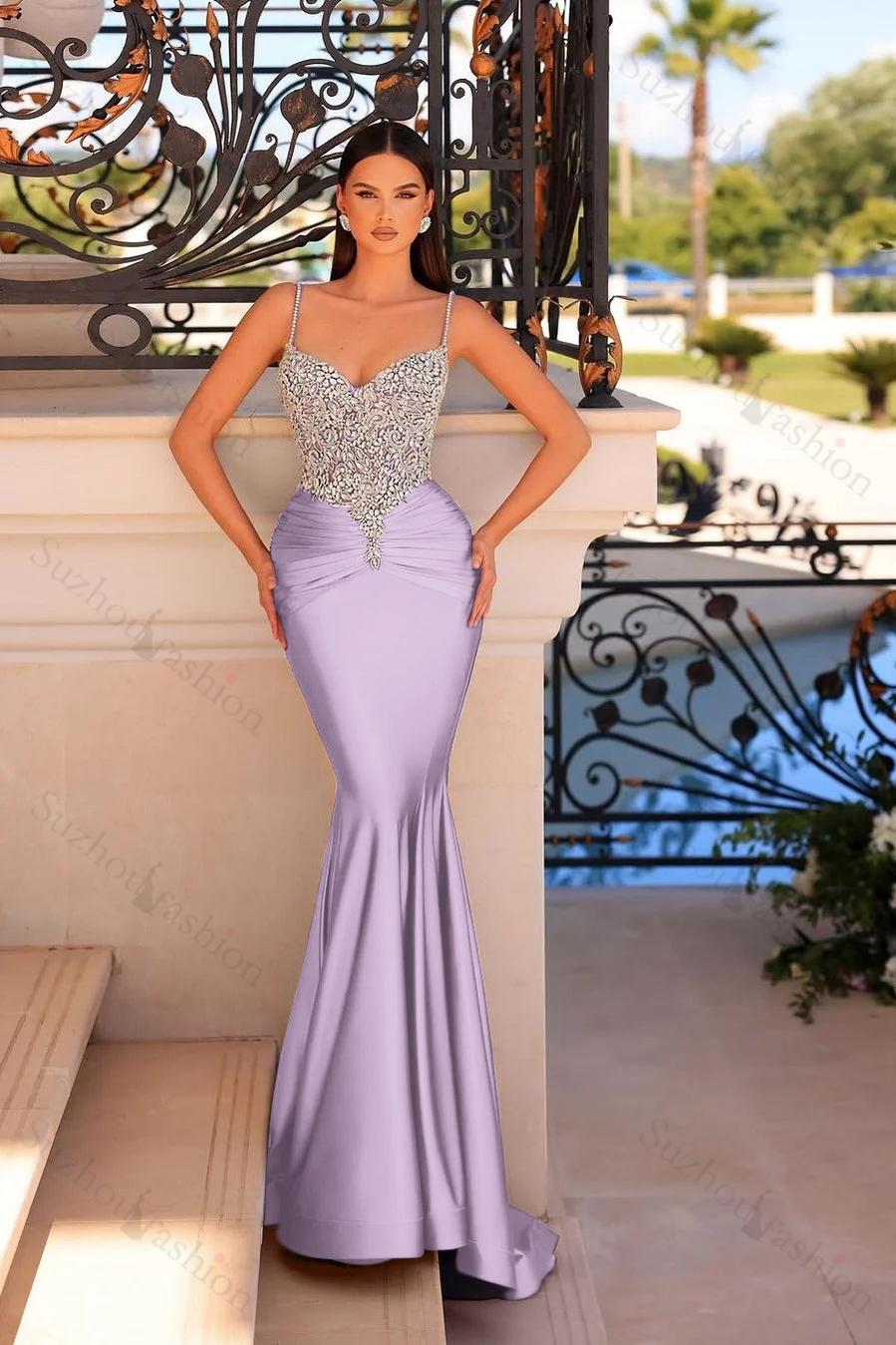 Straps Sleeveless Beading Mermaid Long Evening Formal Dress With Pleated