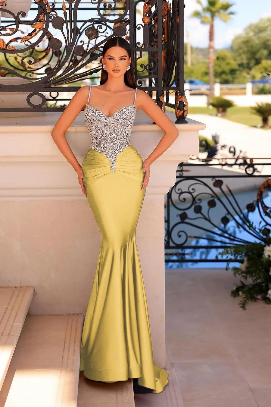 Straps Sleeveless Beading Mermaid Long Evening Formal Dress With Pleated