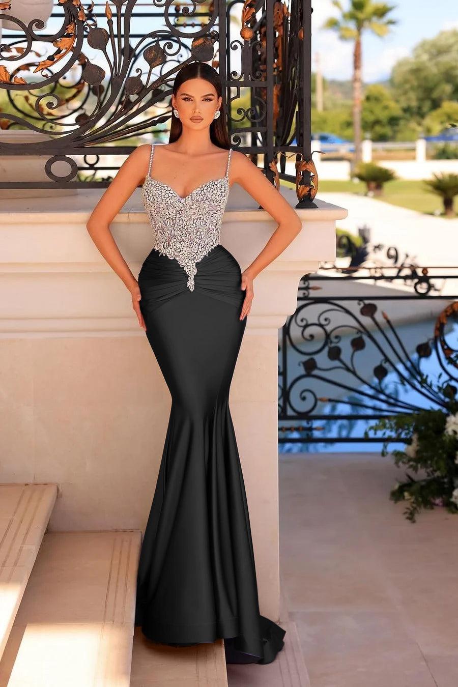 Straps Sleeveless Beading Mermaid Long Evening Formal Dress With Pleated