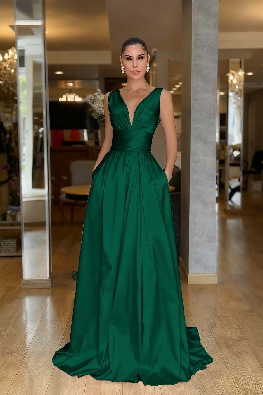 Straps Sleeveless High Waist Long Evening Formal Dress With Pockets Pleated