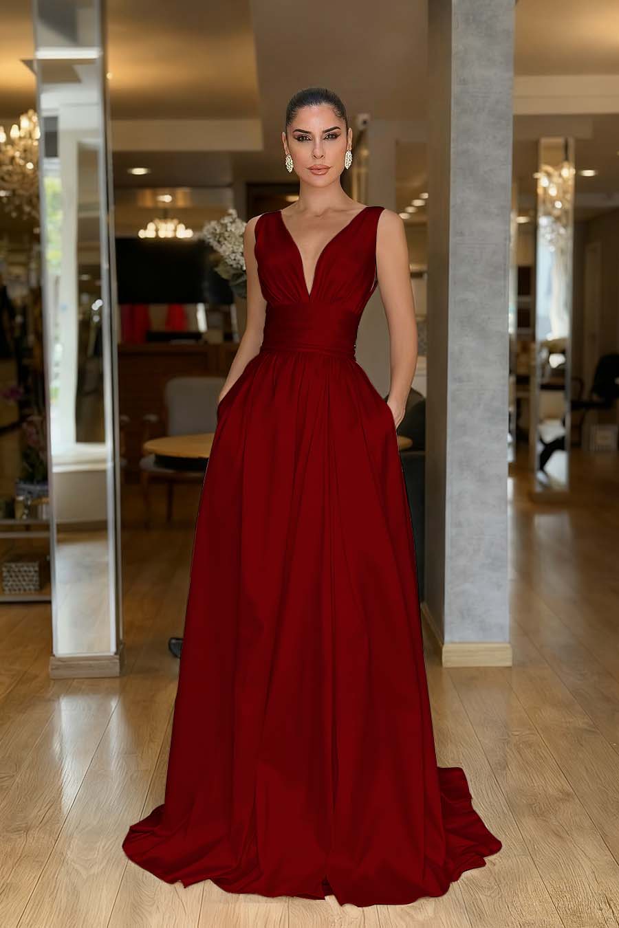 Straps Sleeveless High Waist Long Evening Formal Dress With Pockets Pleated