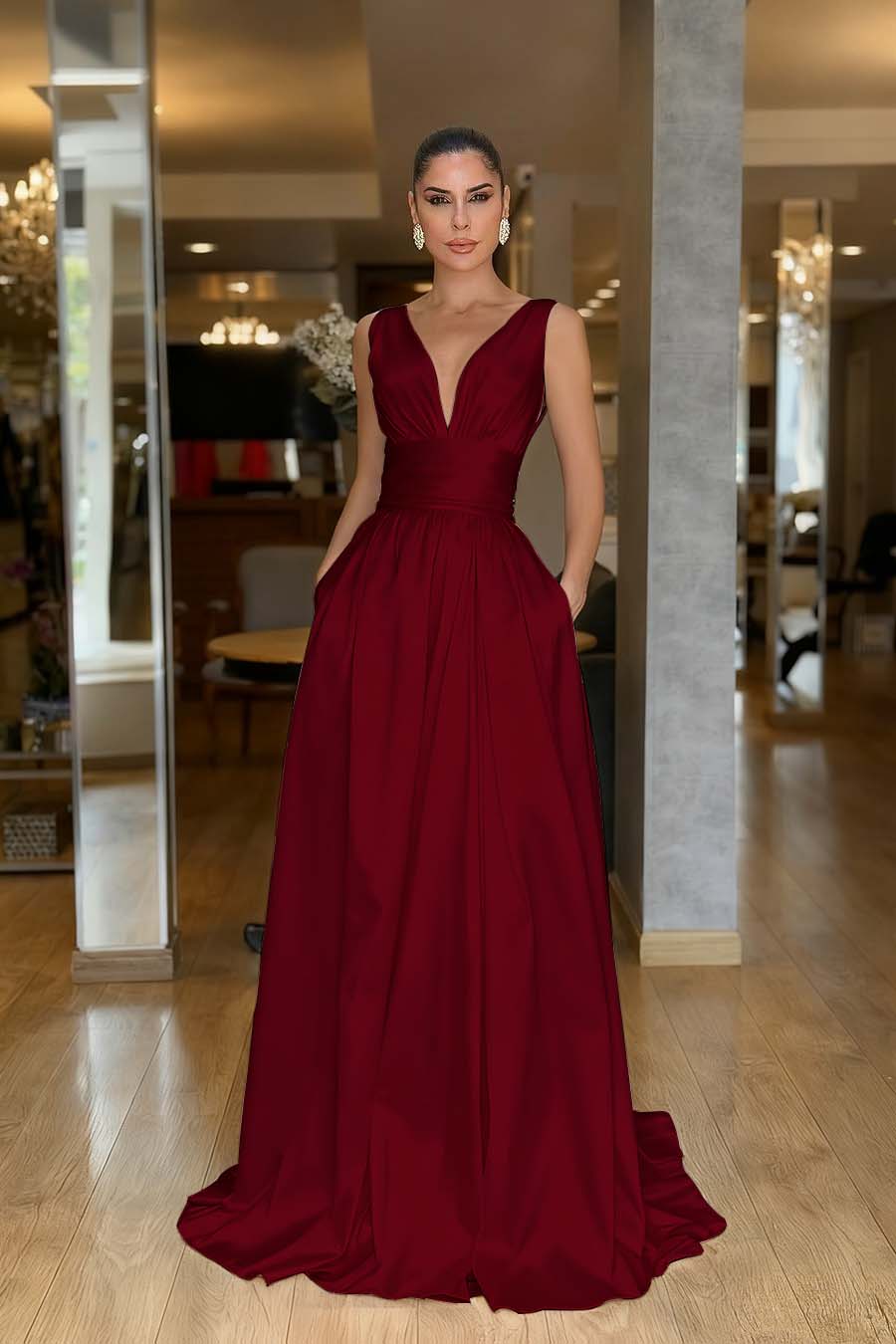 Straps Sleeveless High Waist Long Evening Formal Dress With Pockets Pleated