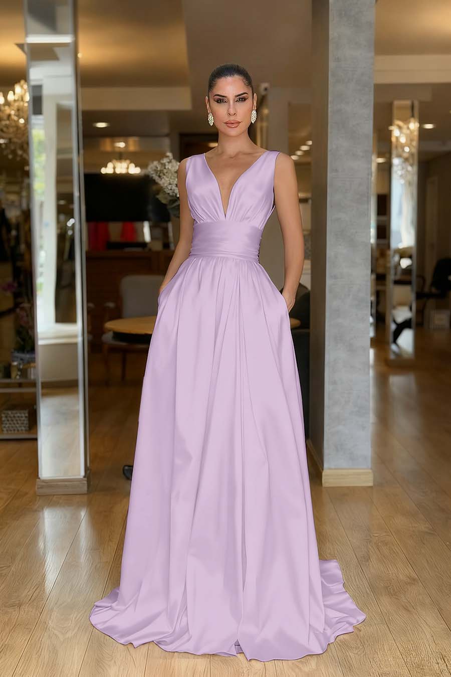 Straps Sleeveless High Waist Long Evening Formal Dress With Pockets Pleated