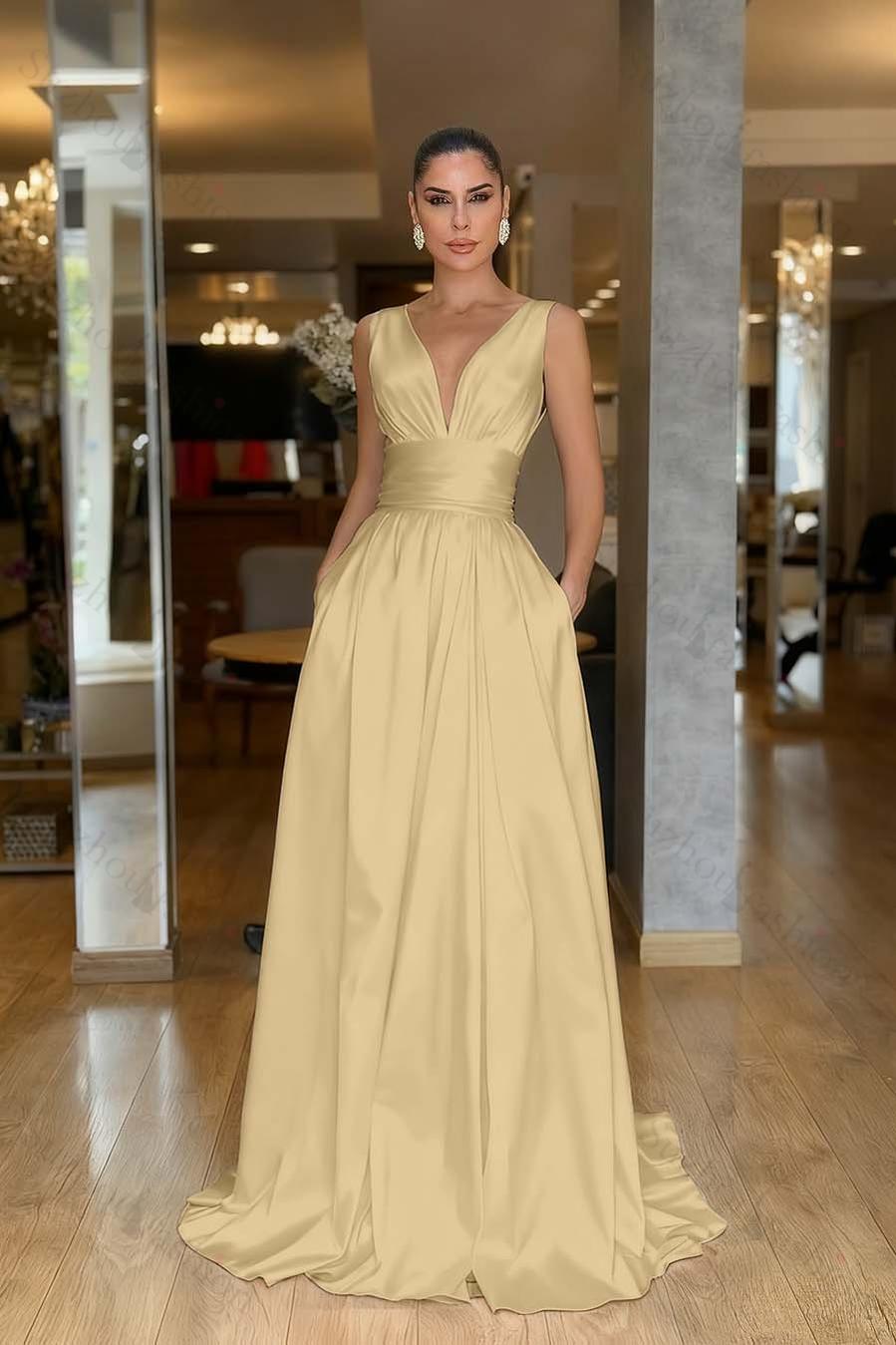 Straps Sleeveless High Waist Long Evening Formal Dress With Pockets Pleated