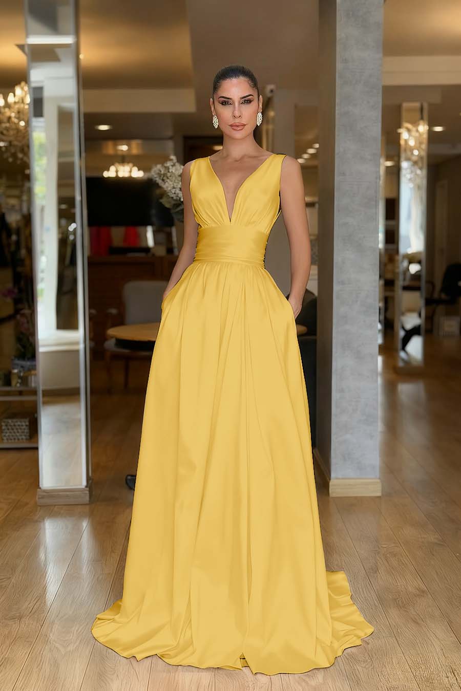 Straps Sleeveless High Waist Long Evening Formal Dress With Pockets Pleated