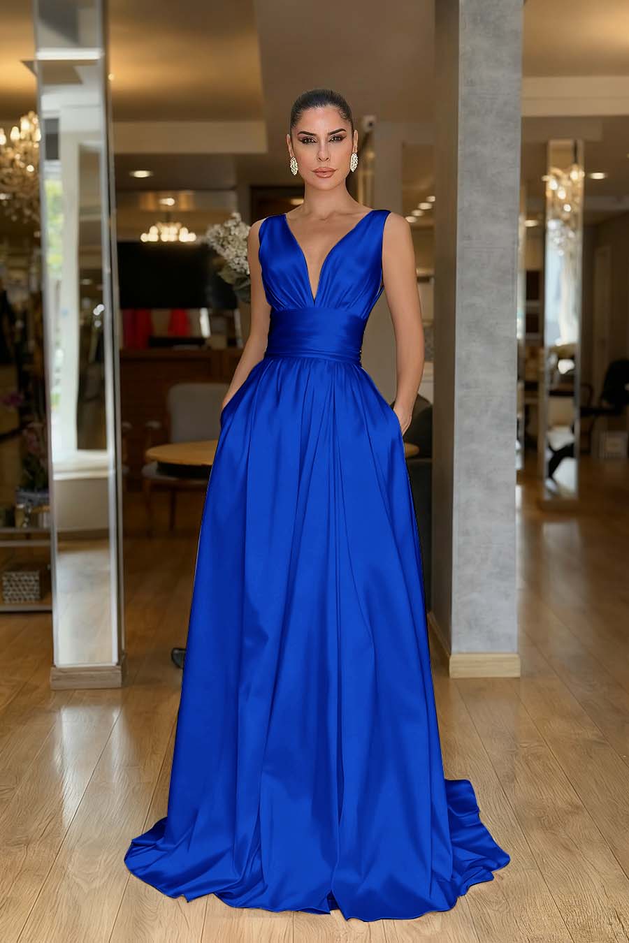 Straps Sleeveless High Waist Long Evening Formal Dress With Pockets Pleated