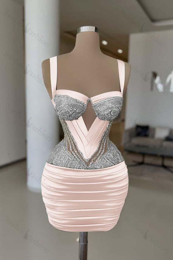 Straps Sleeveless Short Homecoming Dress With Pleated Beading