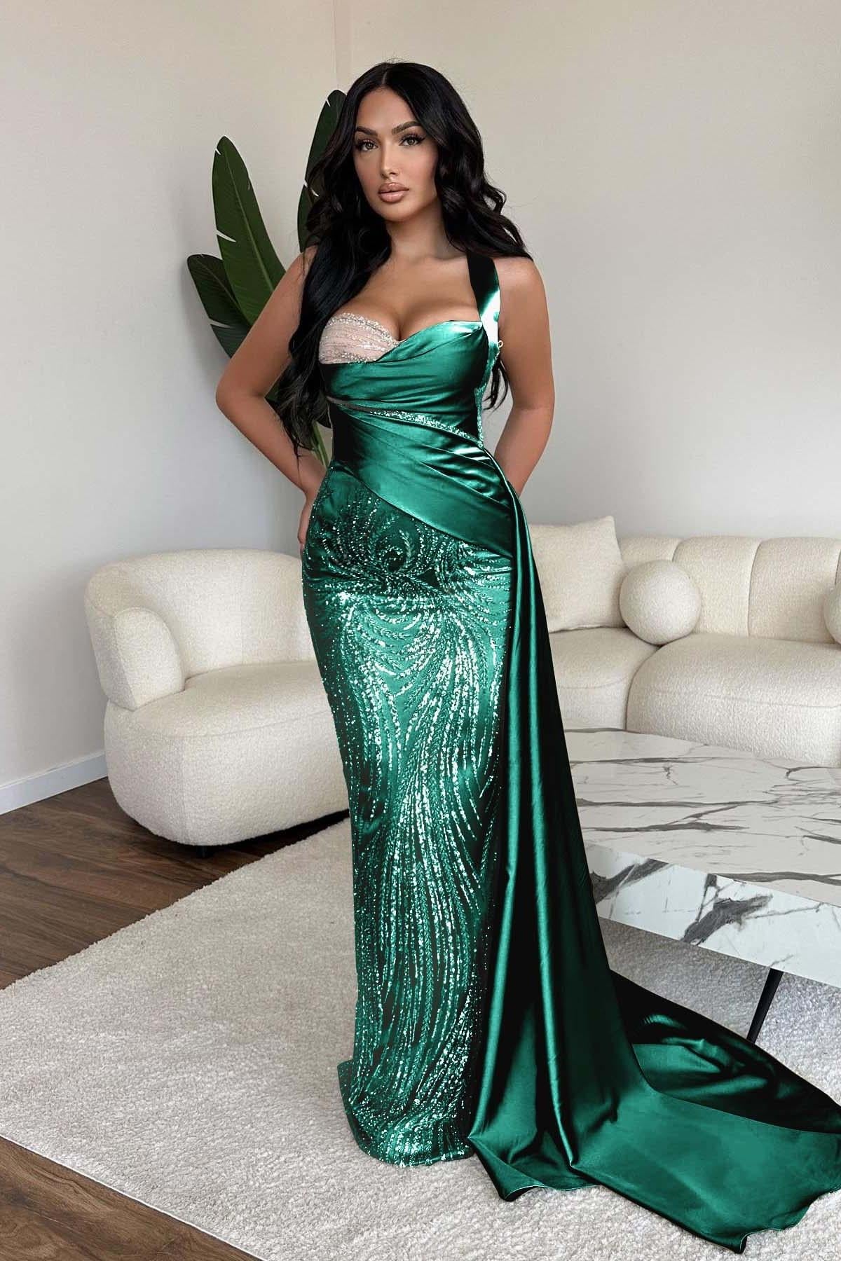 Straps Sweetheart Sleeveless Long Mermaid Evening Formal Dress With Sequined