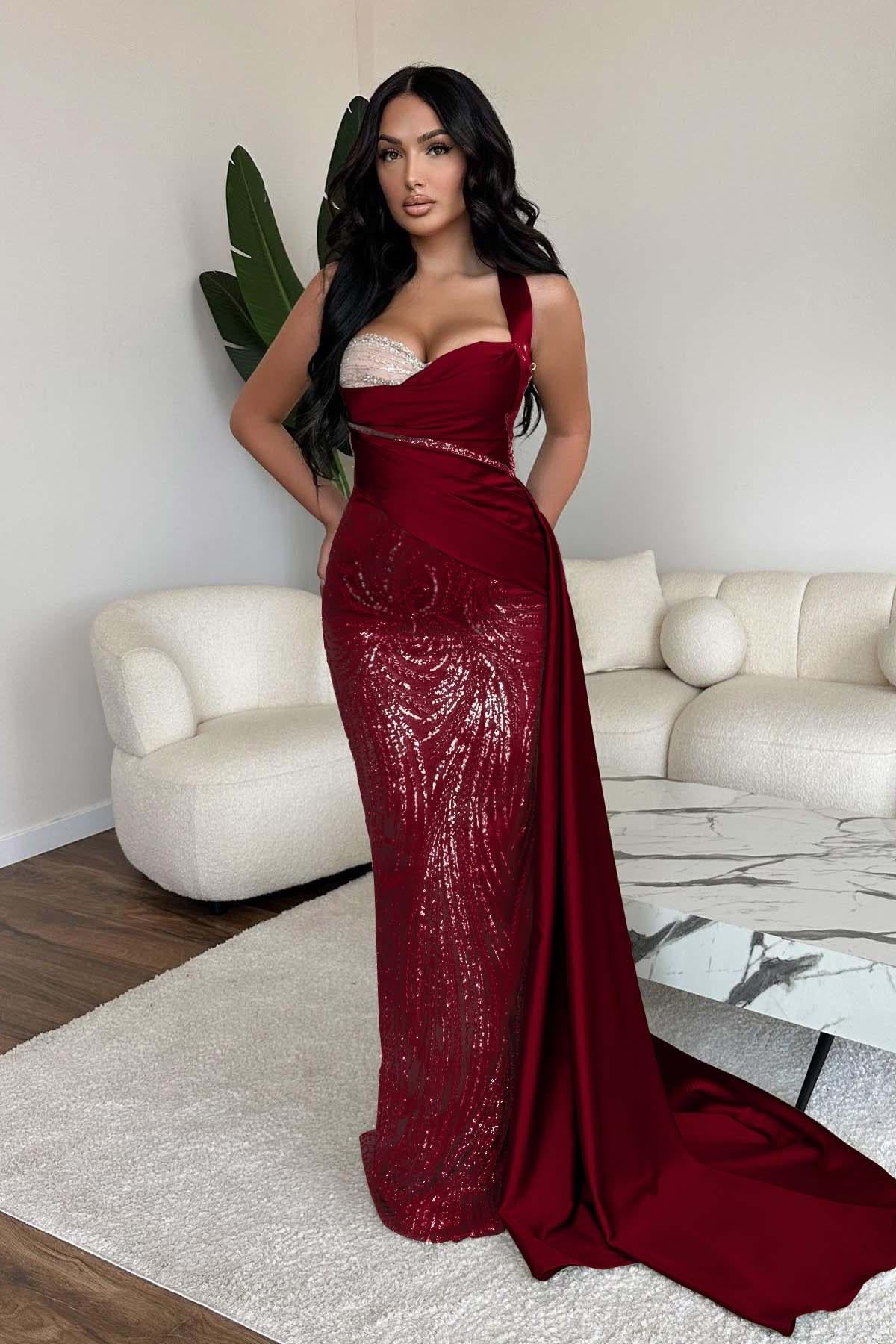Straps Sweetheart Sleeveless Long Mermaid Evening Formal Dress With Sequined