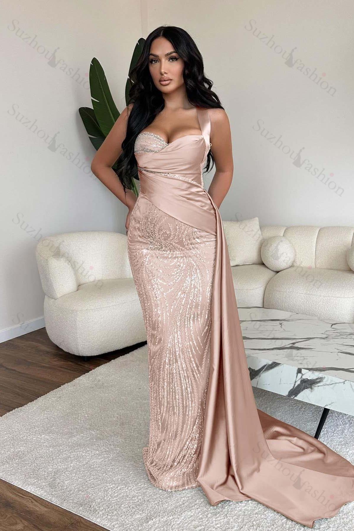 Straps Sweetheart Sleeveless Long Mermaid Evening Formal Dress With Sequined