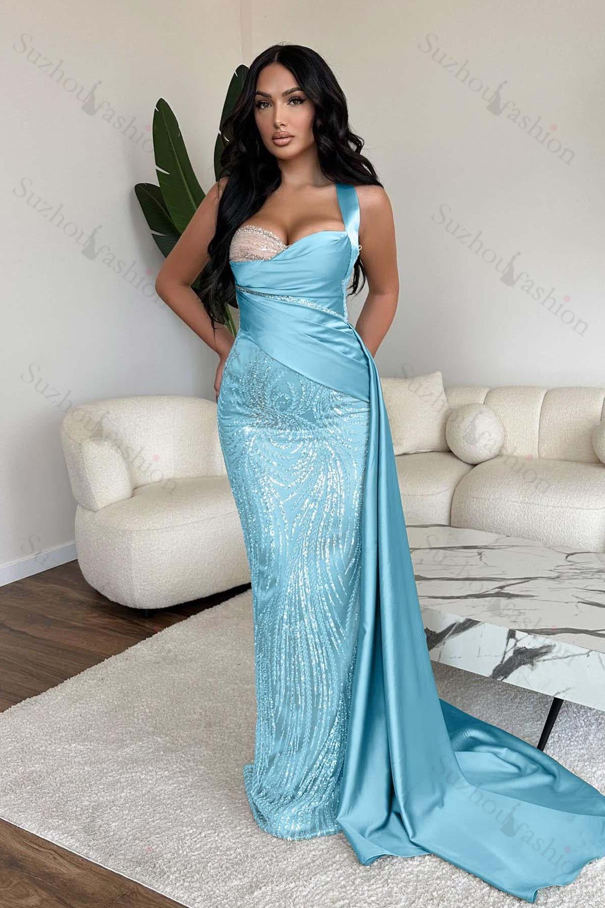 Straps Sweetheart Sleeveless Long Mermaid Evening Formal Dress With Sequined