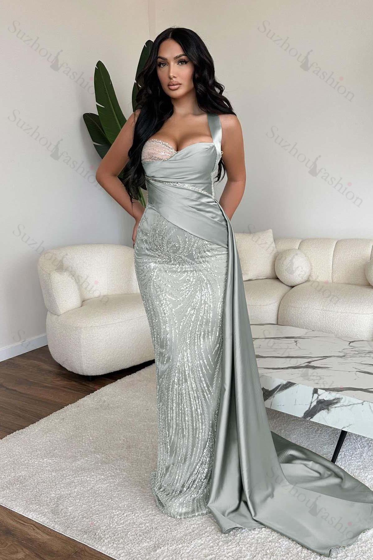Straps Sweetheart Sleeveless Long Mermaid Evening Formal Dress With Sequined