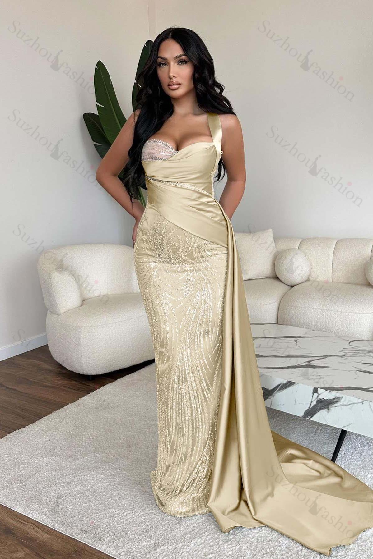 Straps Sweetheart Sleeveless Long Mermaid Evening Formal Dress With Sequined
