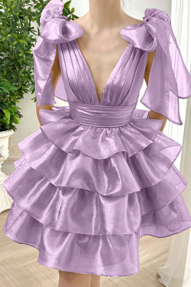 Straps V Neck Sleeveless Short Homecoming Dress With Ruffles