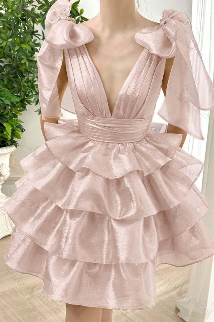 Straps V Neck Sleeveless Short Homecoming Dress With Ruffles